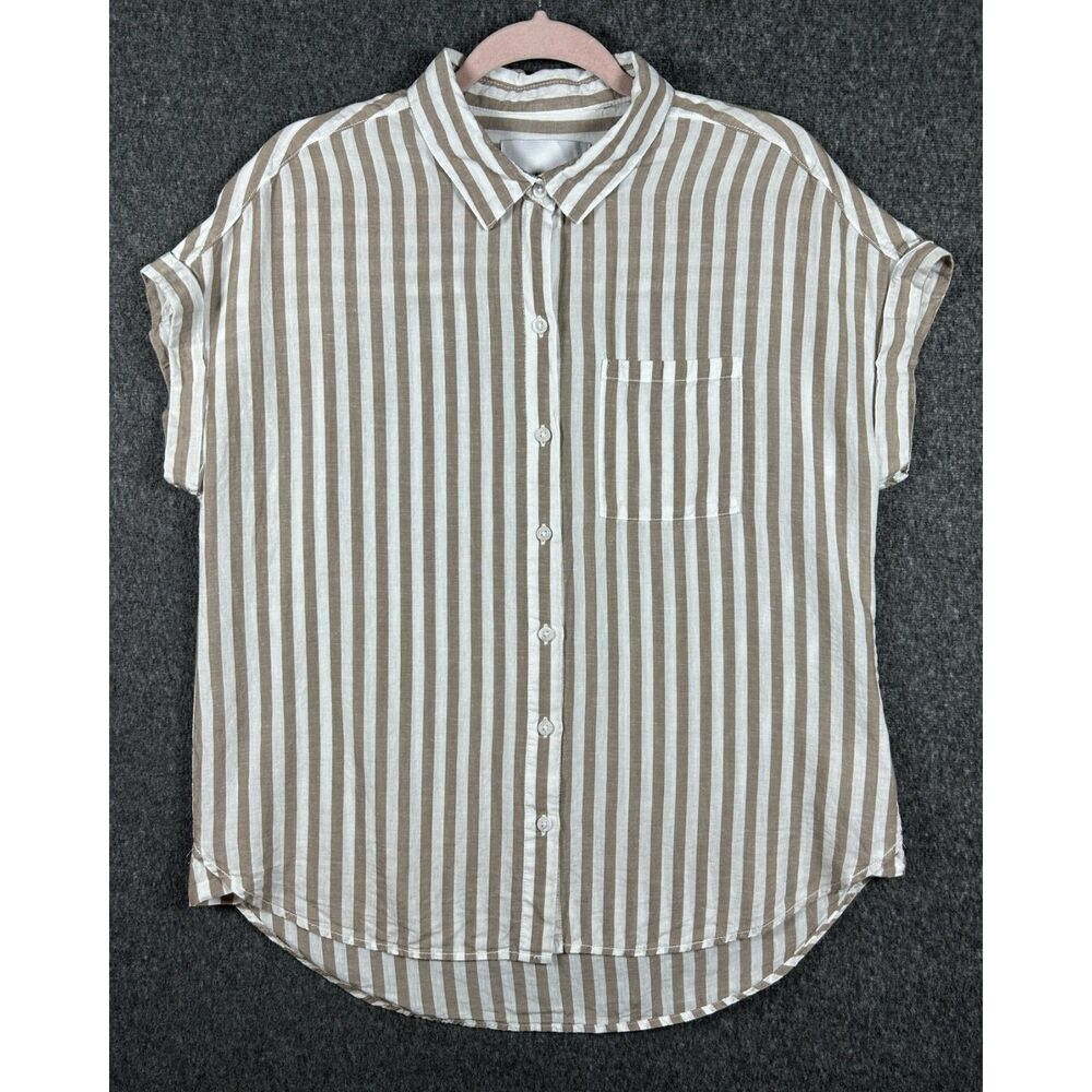 Lola River Tan Striped Linen Blend Short Sleeve Button Down Shirt - Medium
